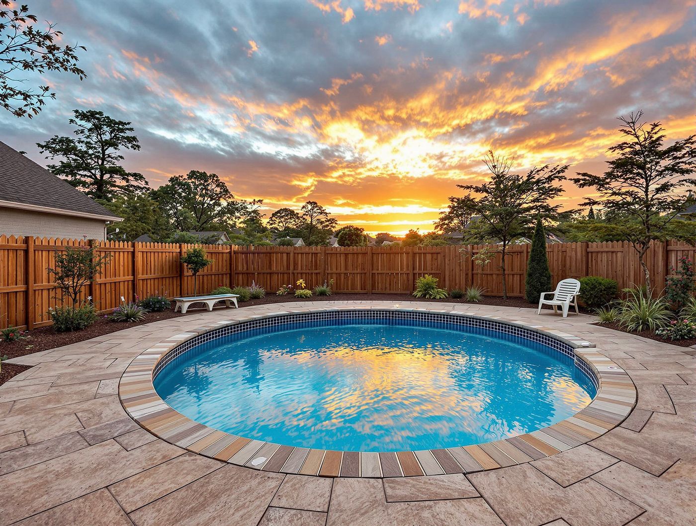 Round Pool with Travertine Deck at Sunset