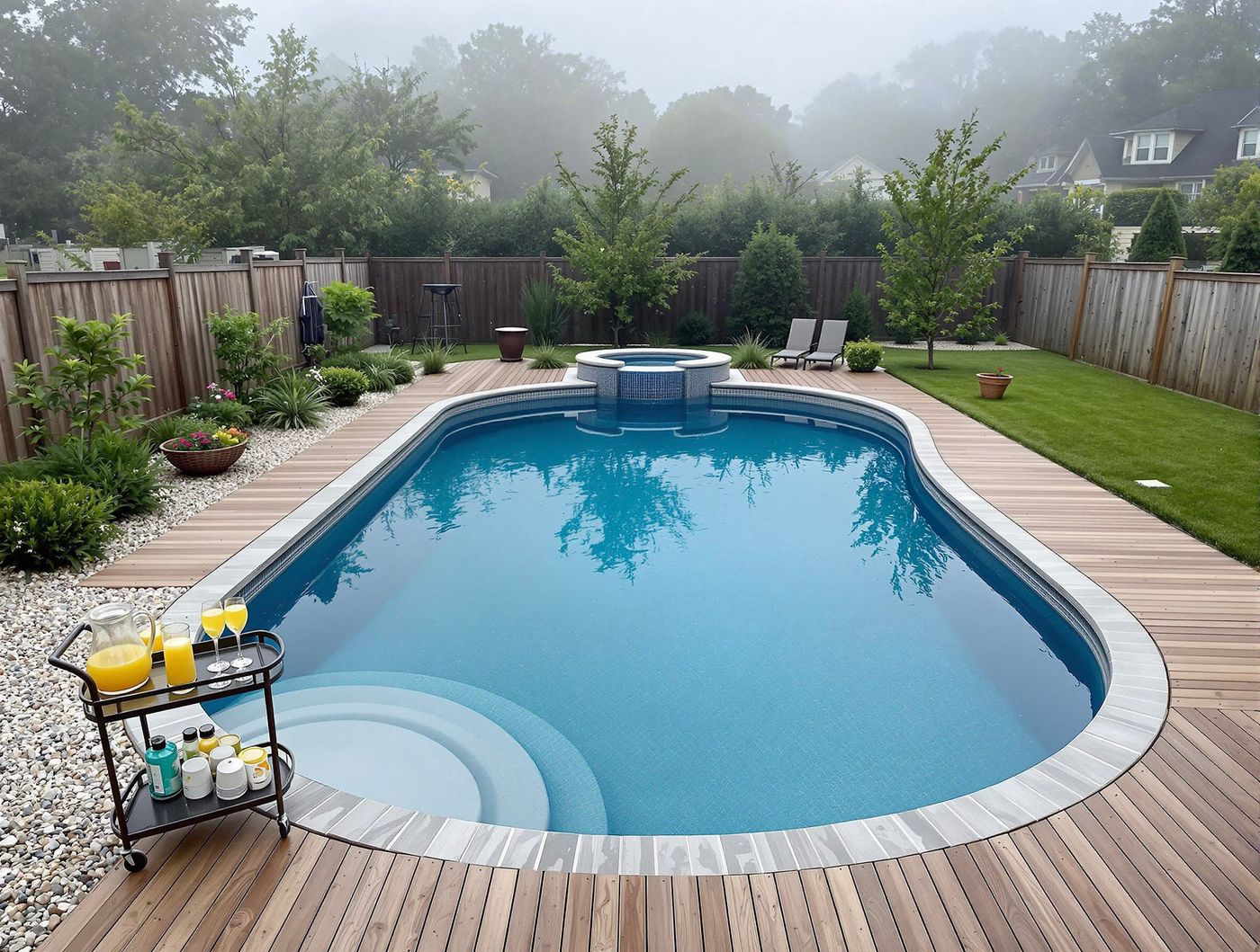 Oval Pool and Spa on Wood Deck at Dawn