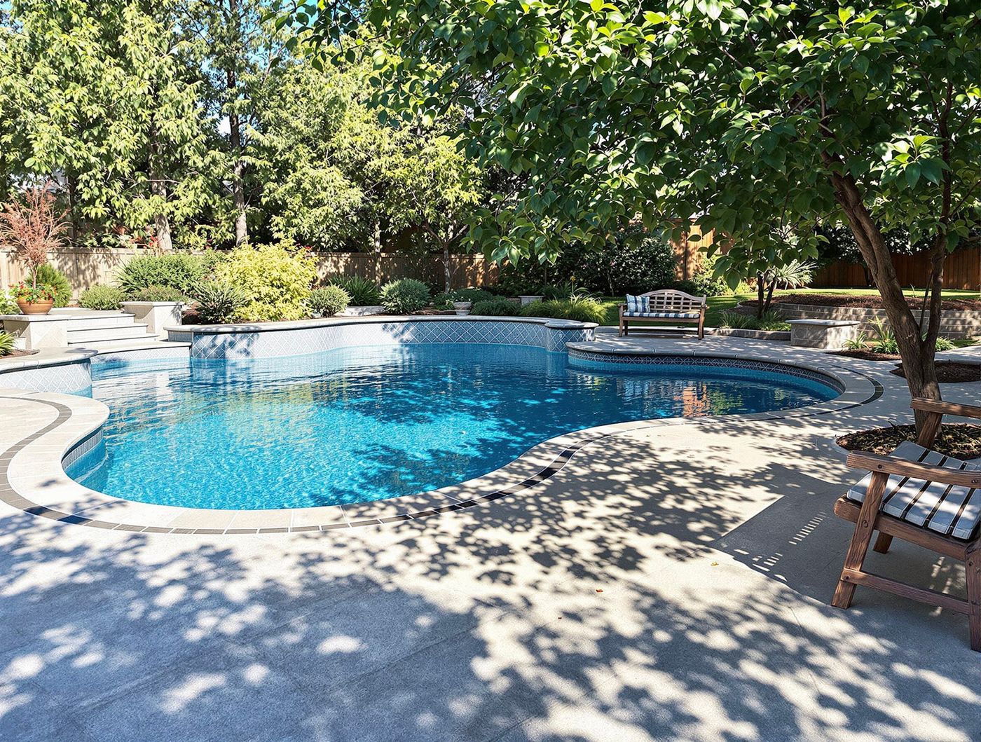 Shaded Pool with Stone Waterfall Feature