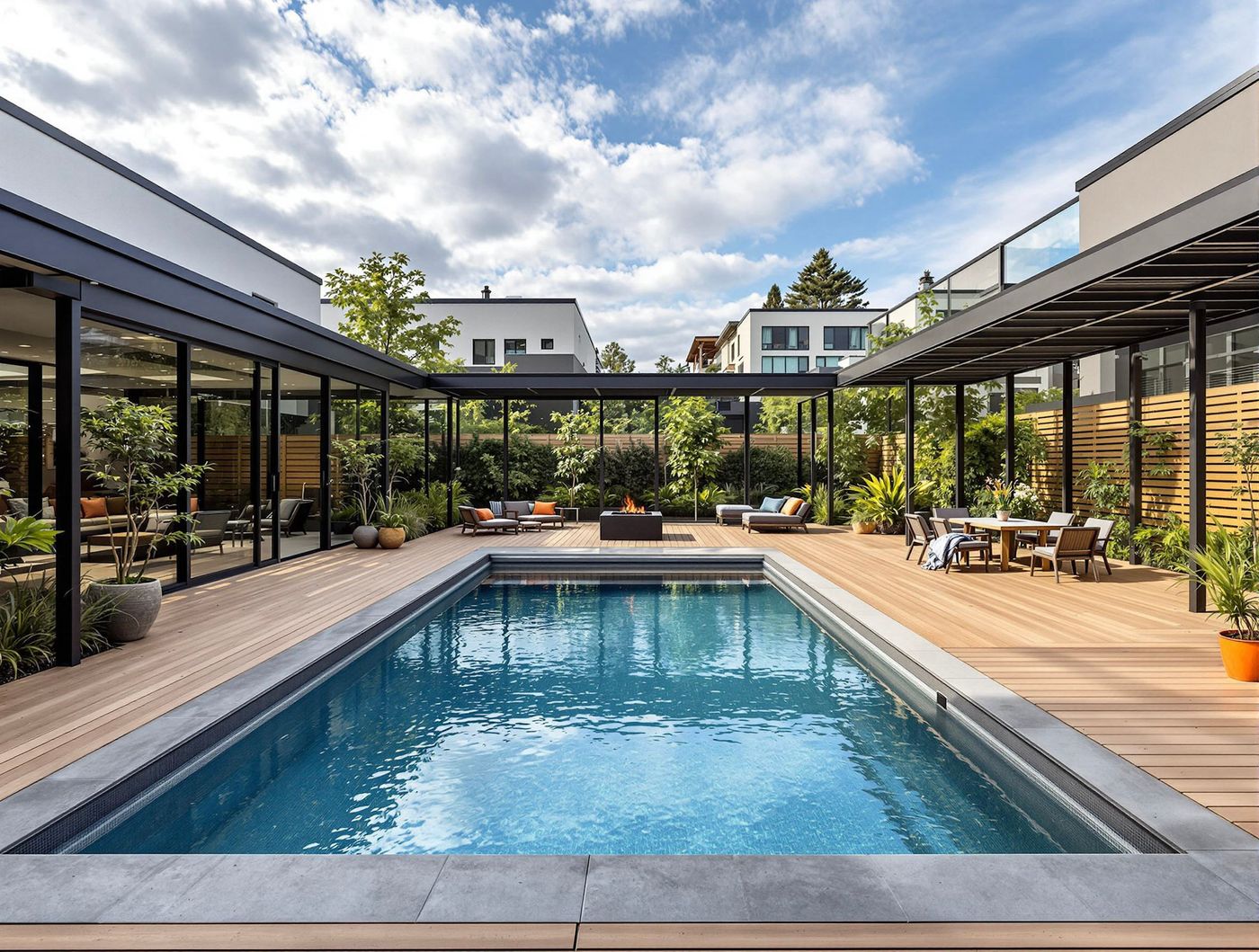 Rooftop-Style Courtyard Pool with Fire Pit