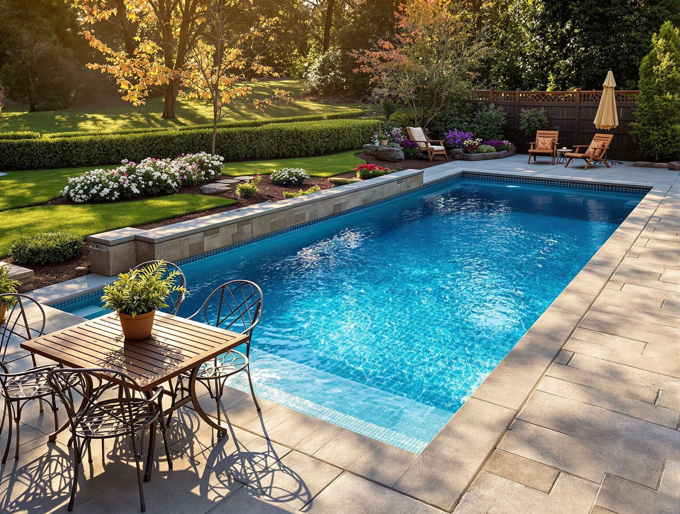 Rectangular Pool with Autumn Garden Backdrop