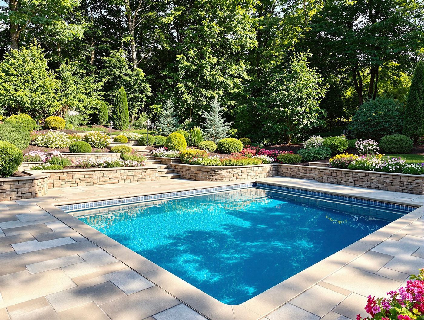 Square Pool with Terraced Stone Garden Walls