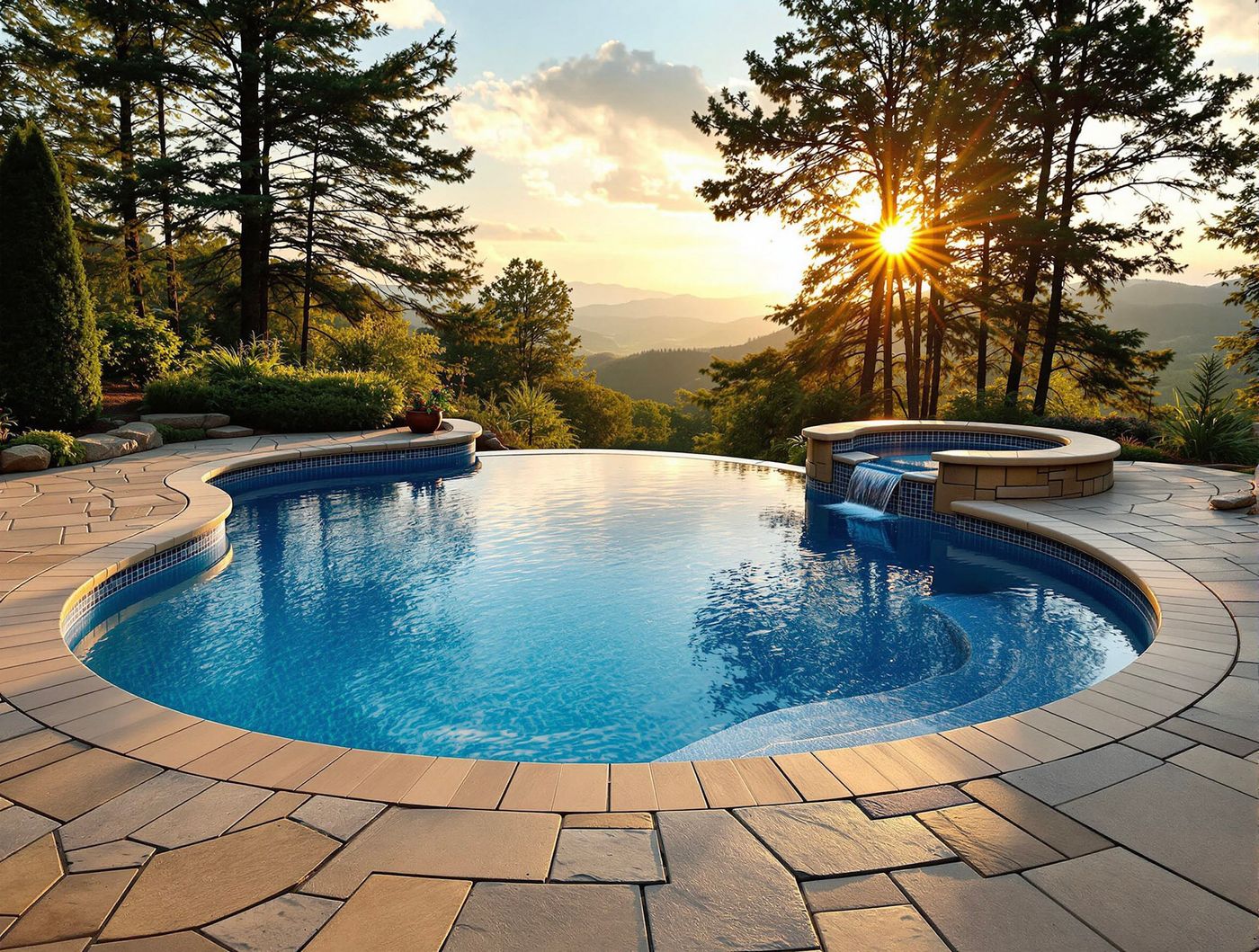Round Infinity-Edge Pool with Mountain Sunset View