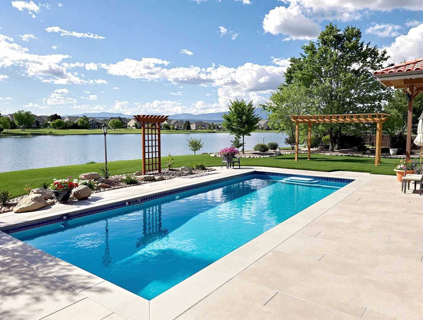 Rectangular Pool Overlooking Lake and Mountains