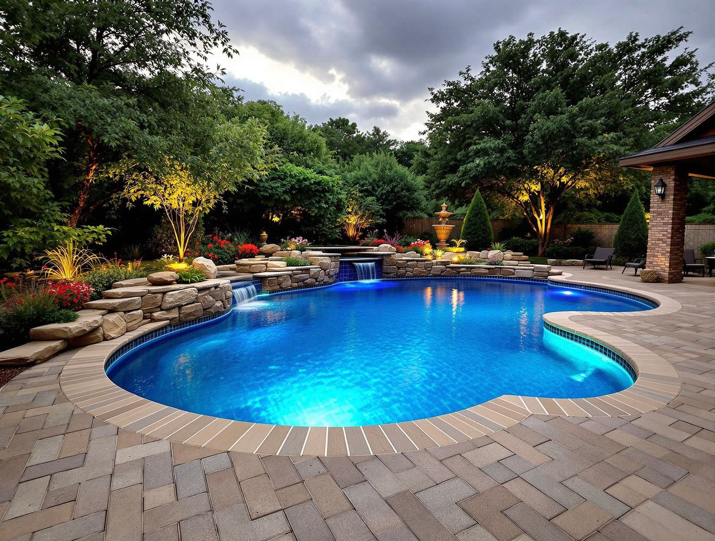 Free-Form Pool with Illuminated Waterfall at Dusk