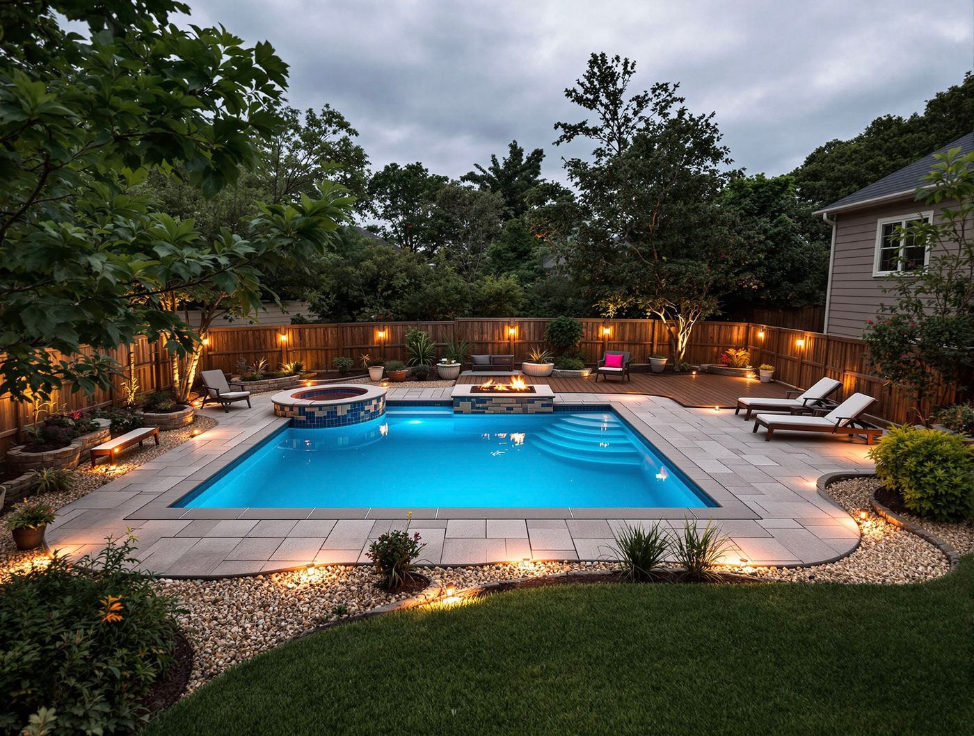 Rectangular Pool and Spa Lit at Evening