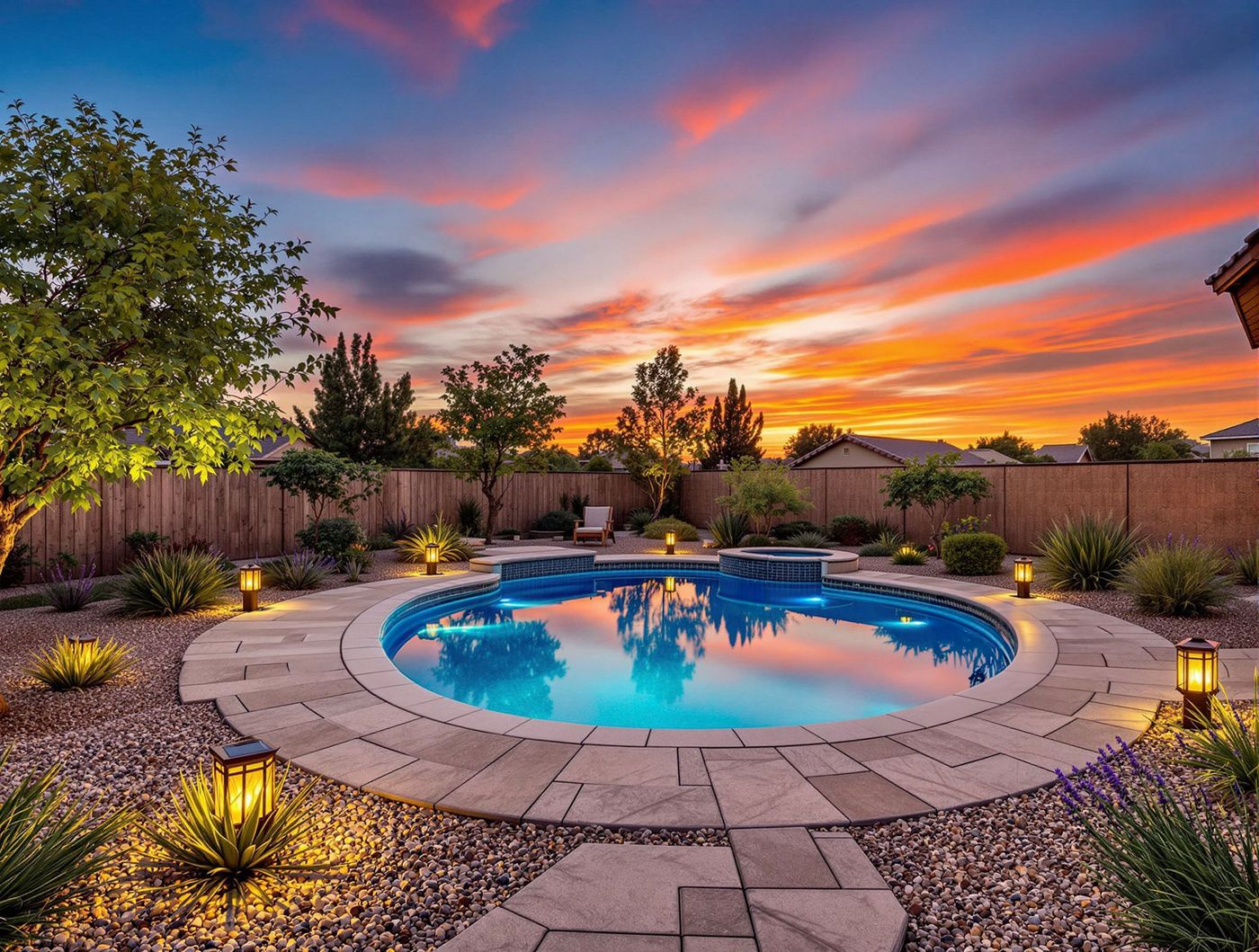 Round Pool with Desert Landscaping at Sunset