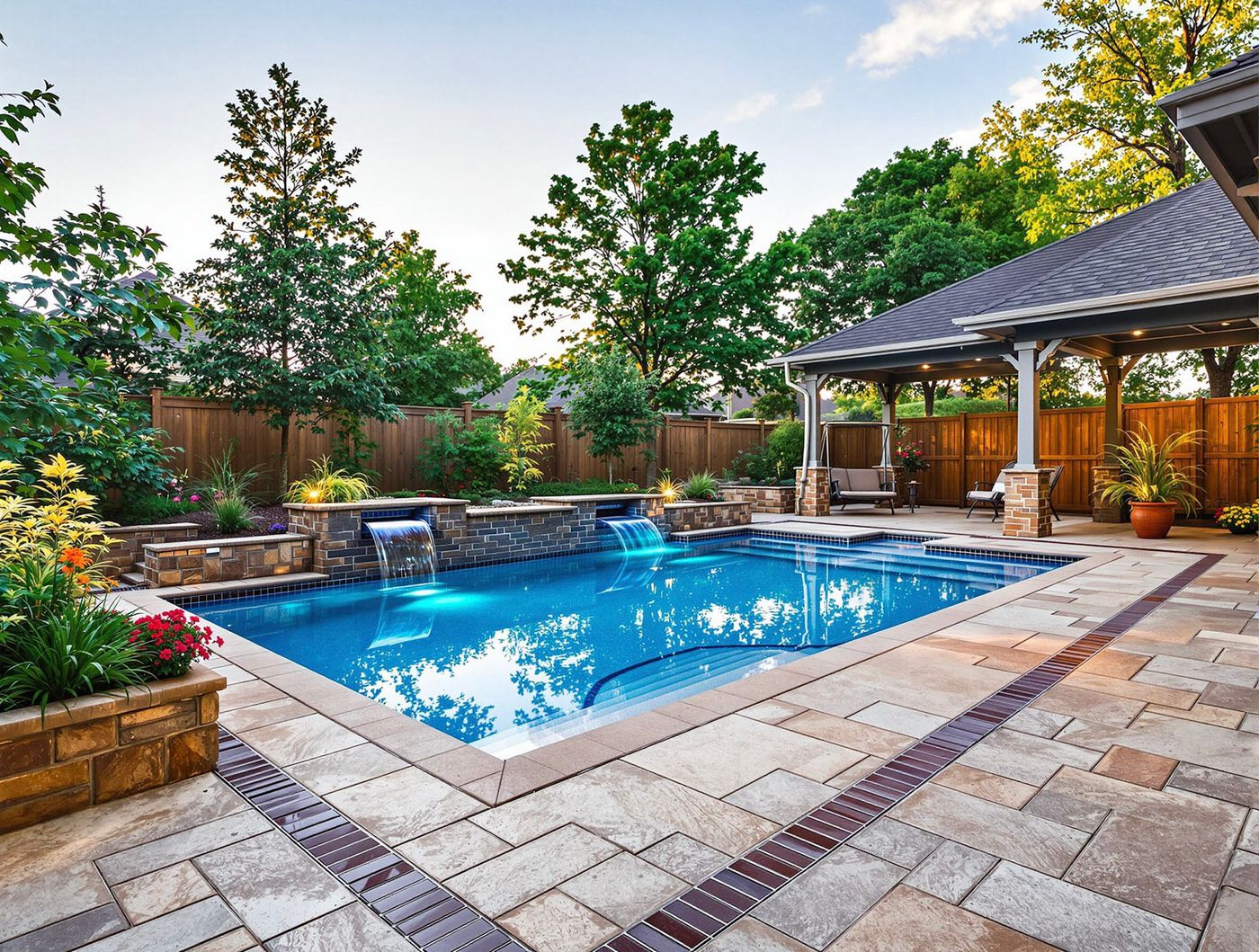 Rectangular Pool with Stone Waterfall Wall