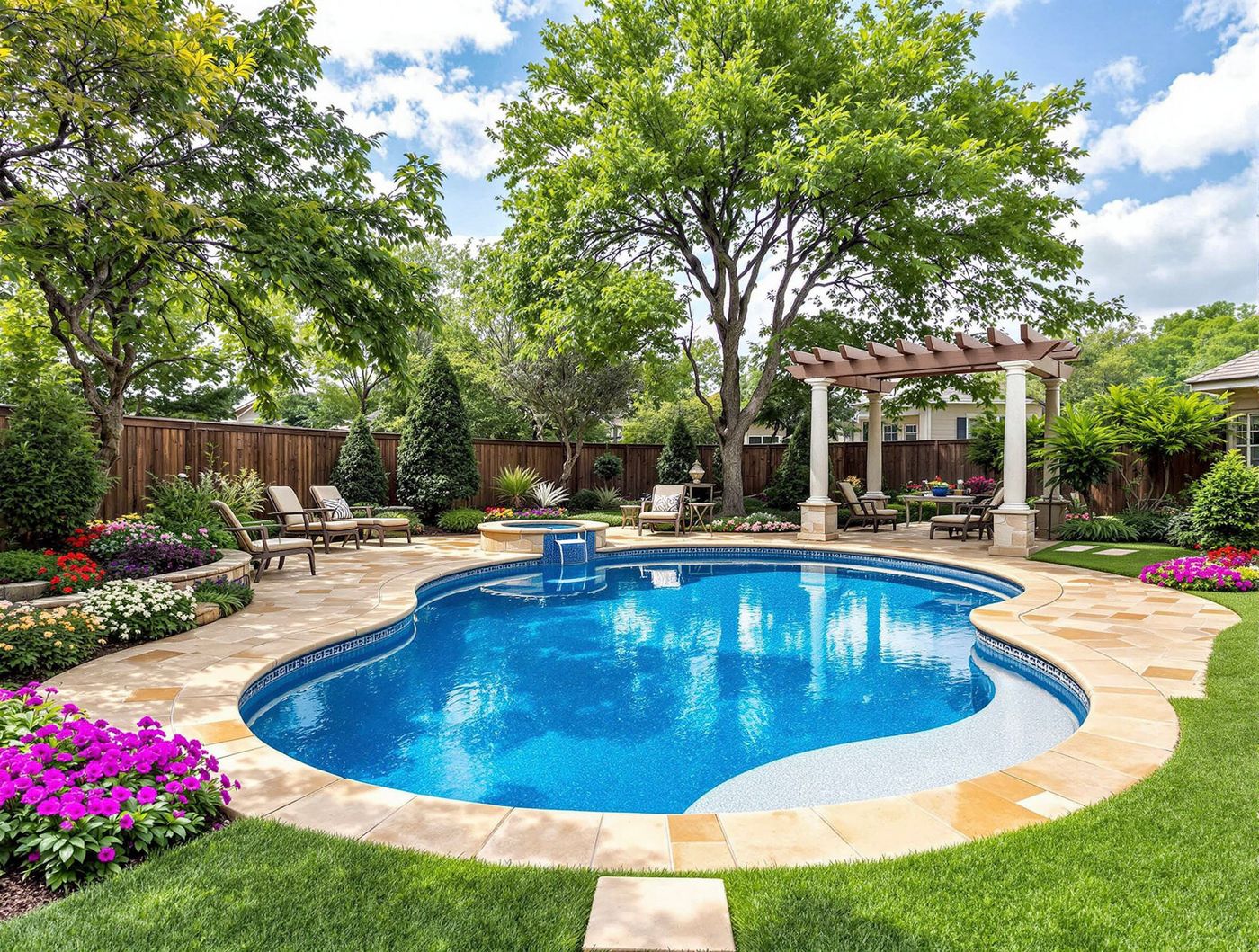 Freeform Pool with Columned Pergola and Gardens