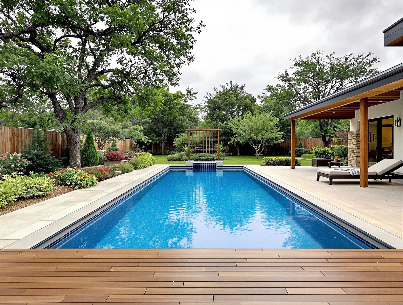 Rectangular Pool with Covered Patio and Wood Deck
