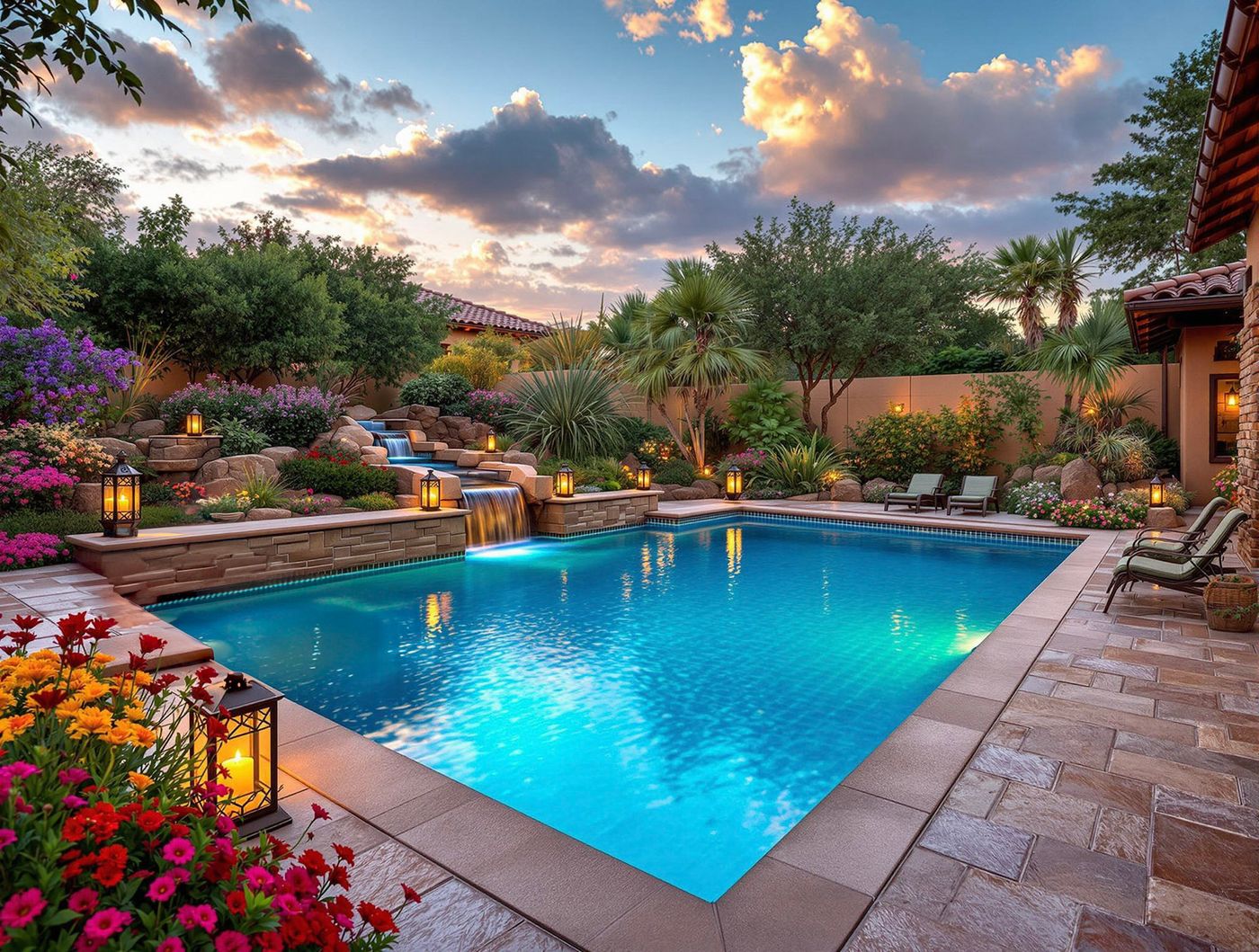 Desert Pool with Stacked-Stone Waterfall at Dusk