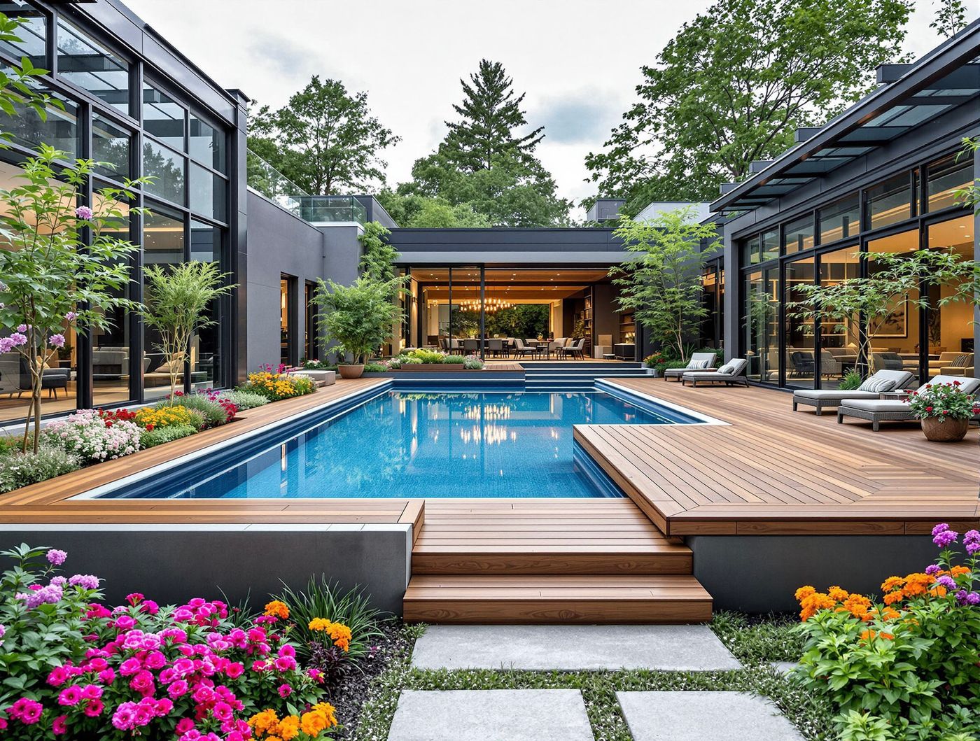 Contemporary Pool with Wood Deck Steps