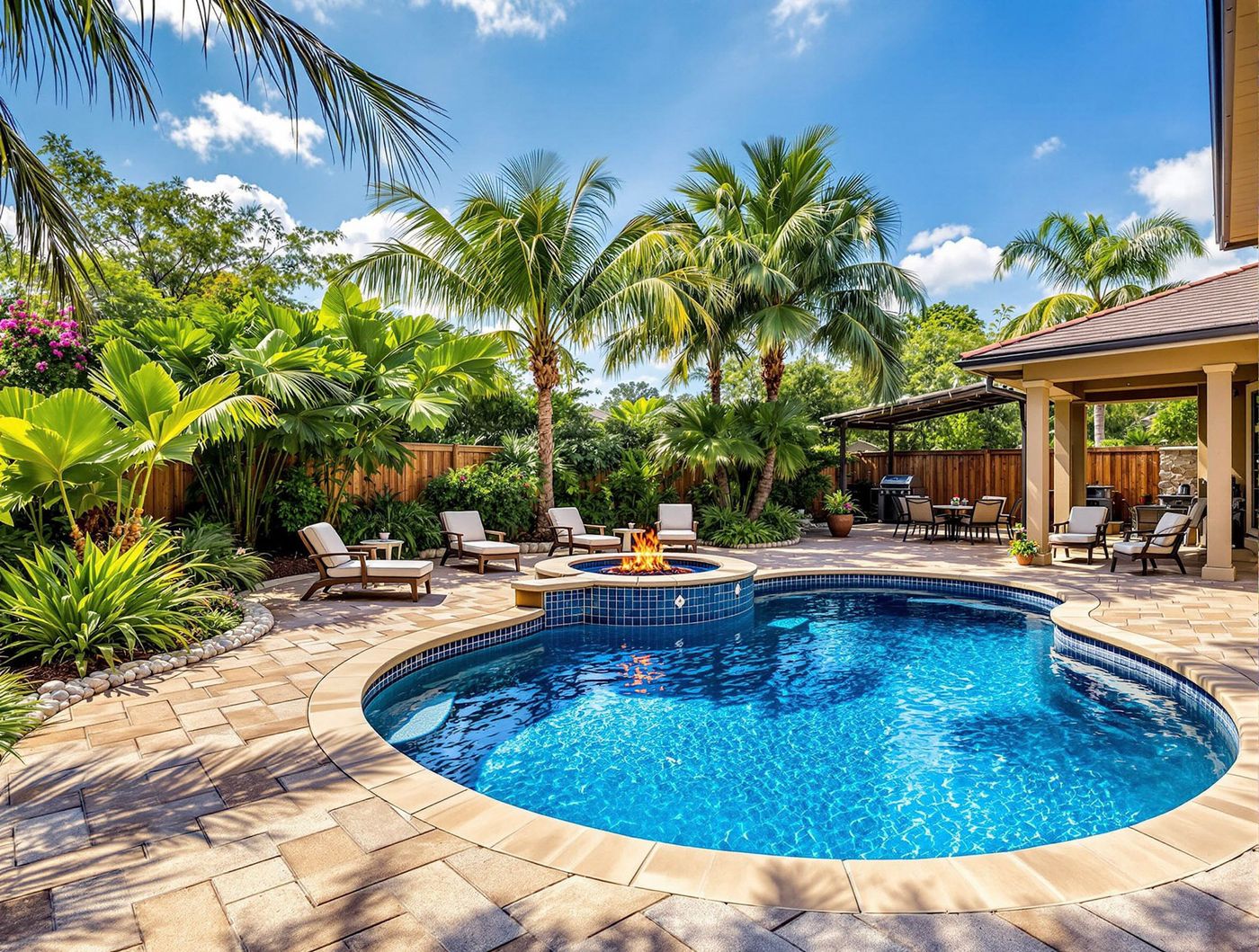 Tropical Pool with Fire Pit and Palm Trees
