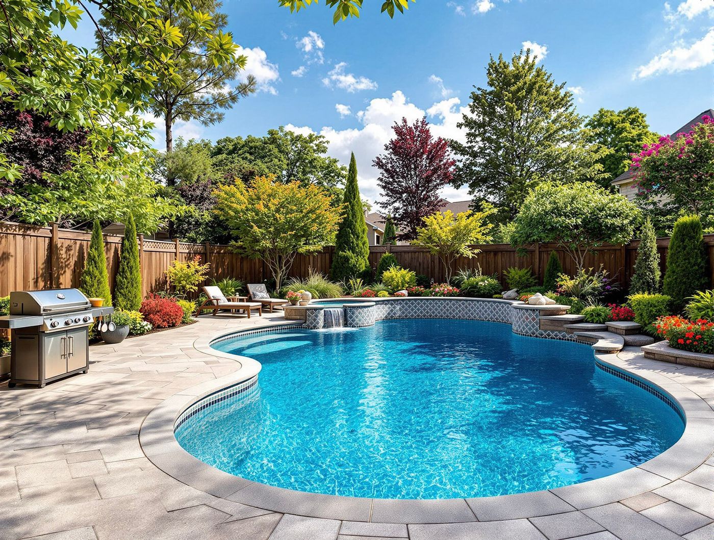 Freeform Pool with Tiered Stone Waterfall Spa