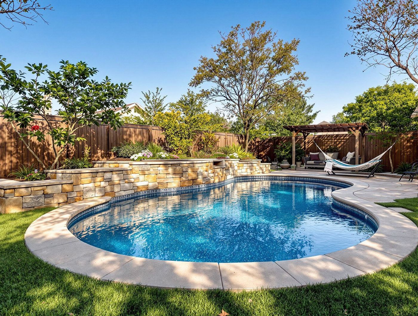 Oval Pool with Stacked Stone Wall and Hammock