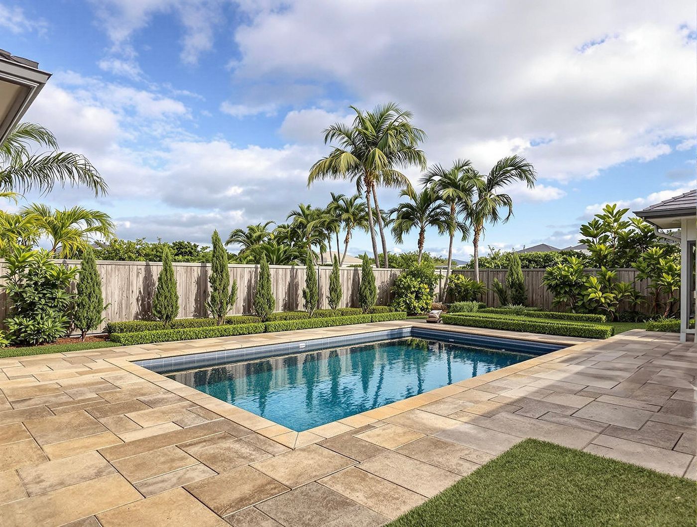 Rectangular Pool with Palm-Lined Hedge Border