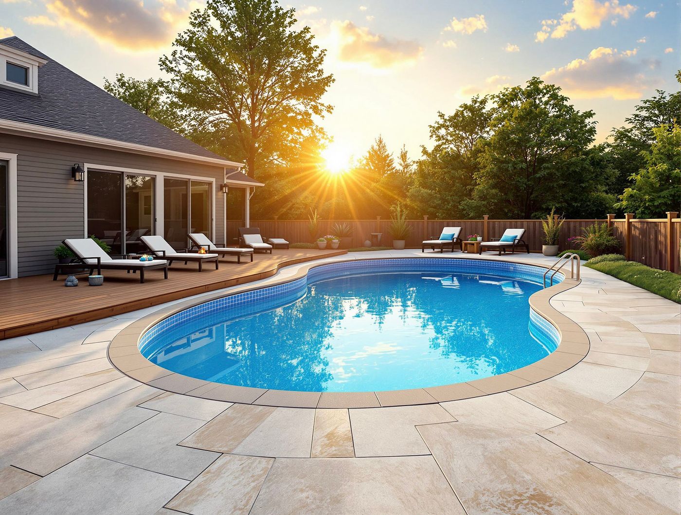 Curved Pool with Wood Deck at Sunset