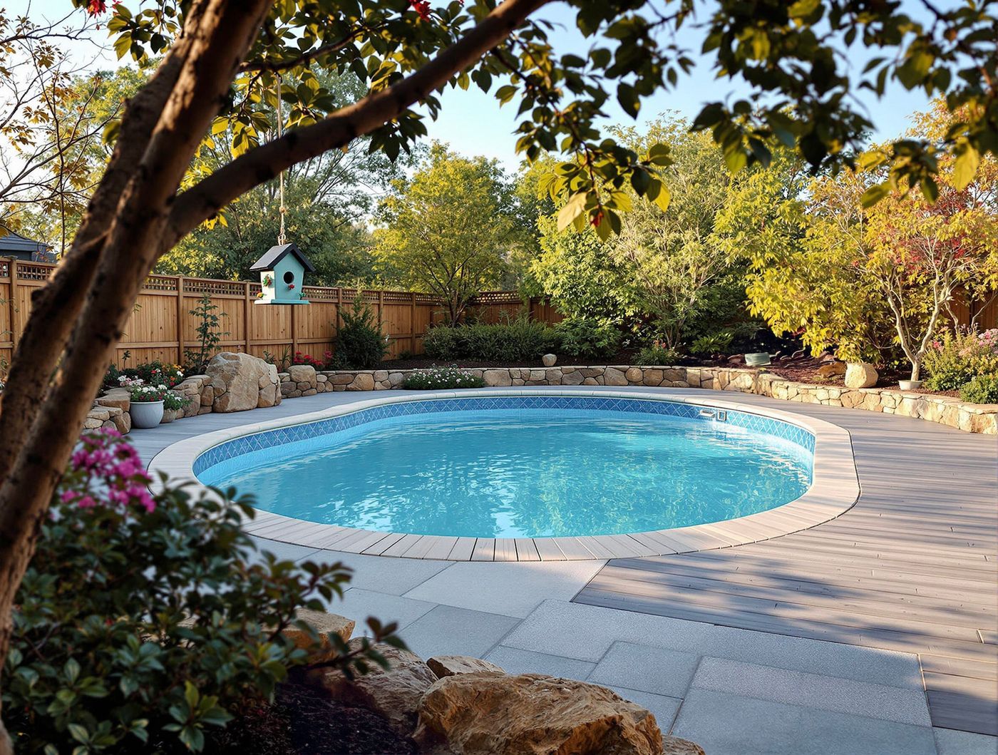 Round Pool with Stone Wall and Birdhouse Garden
