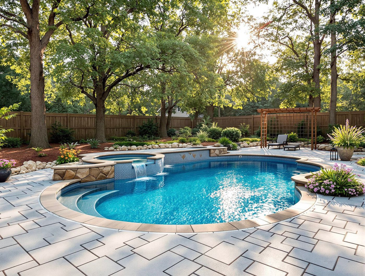 Freeform Pool with Raised Waterfall Spa Wall