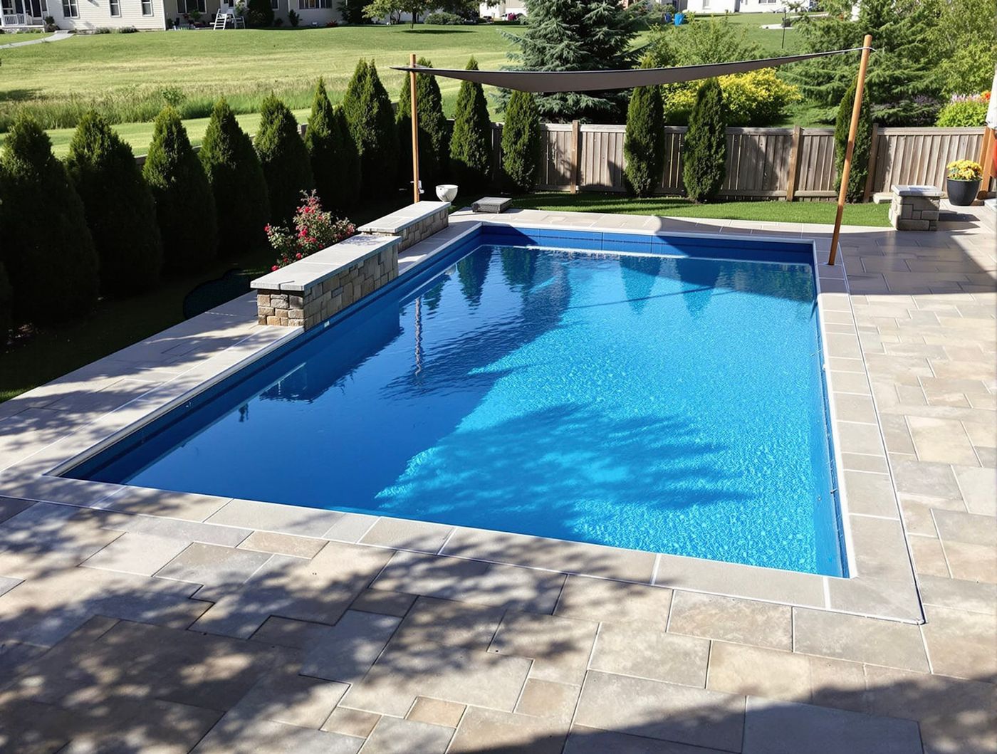 Rectangular Pool with Shade Sail and Arborvitae Hedge
