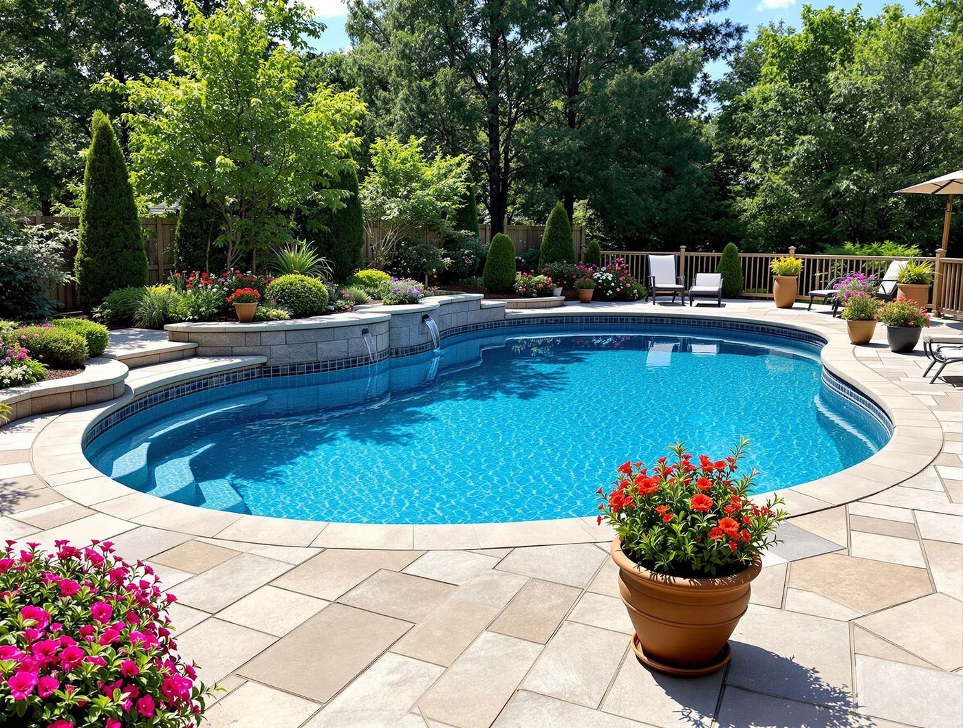 Round Pool with Stacked Stone Waterfall Wall