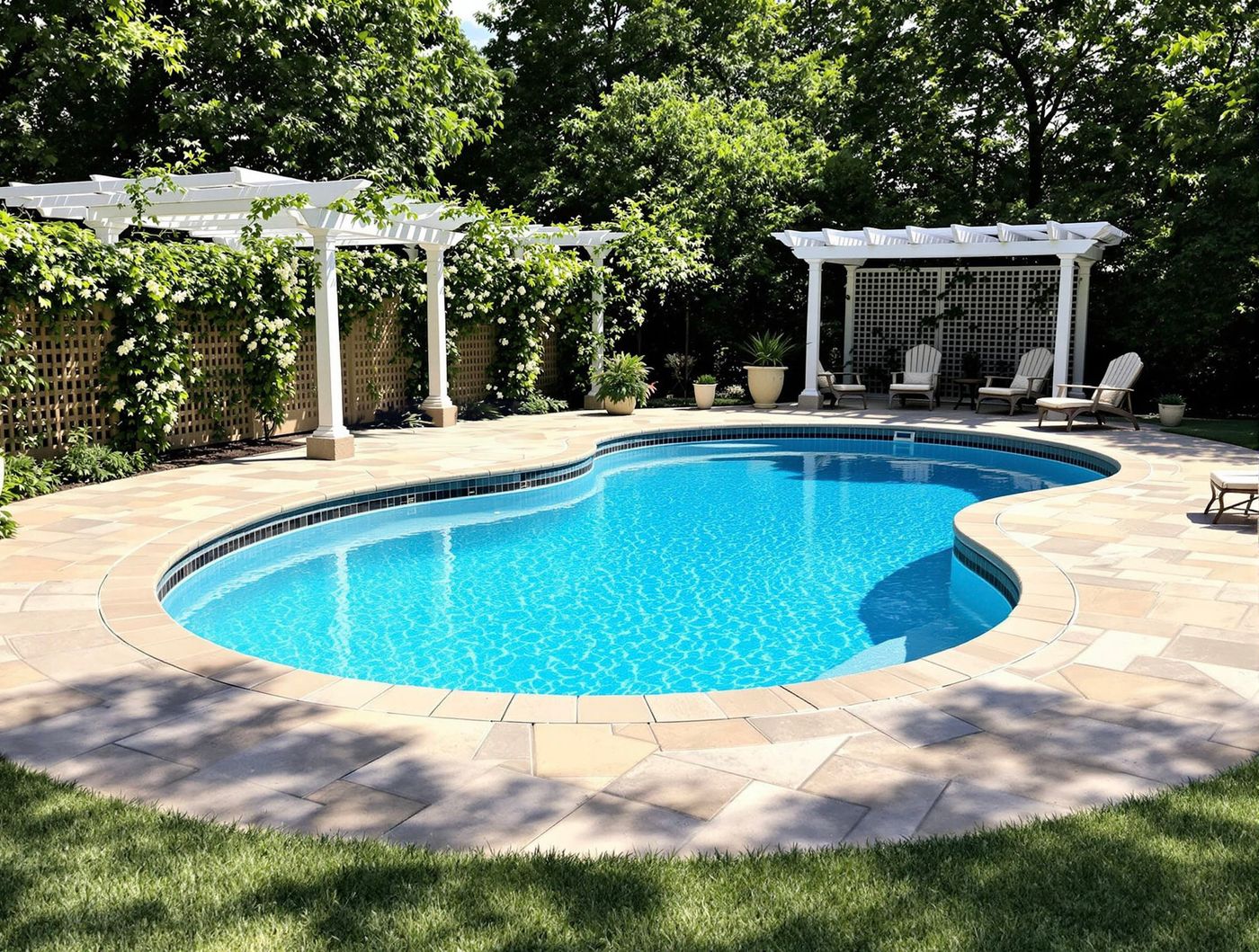 Freeform Pool with White Pergolas