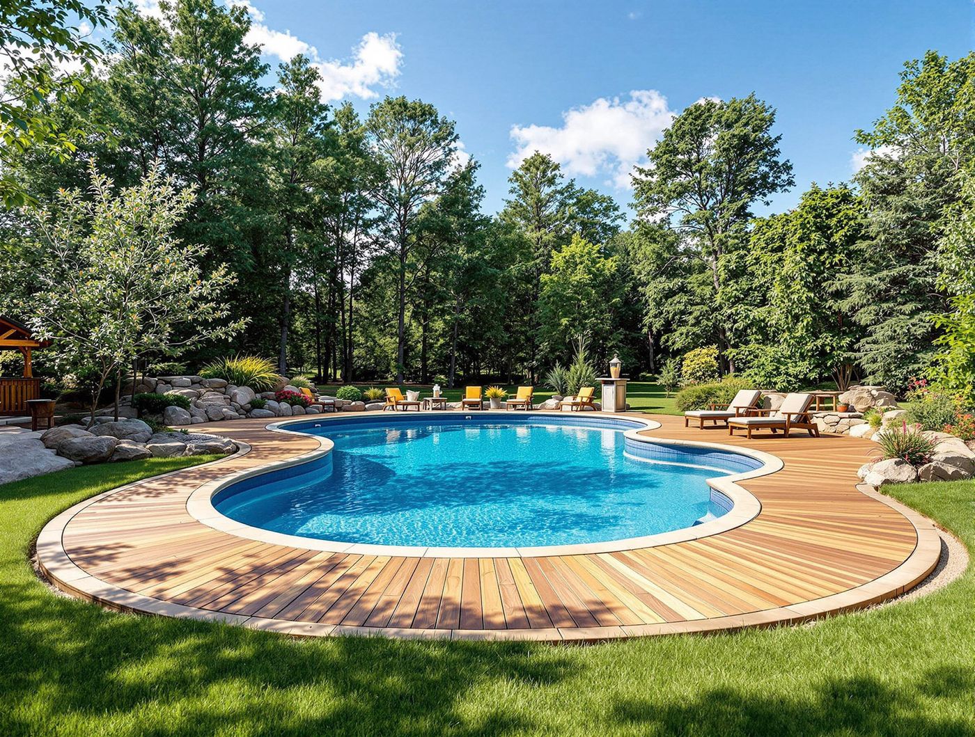 Freeform Pool with Curved Wood Deck