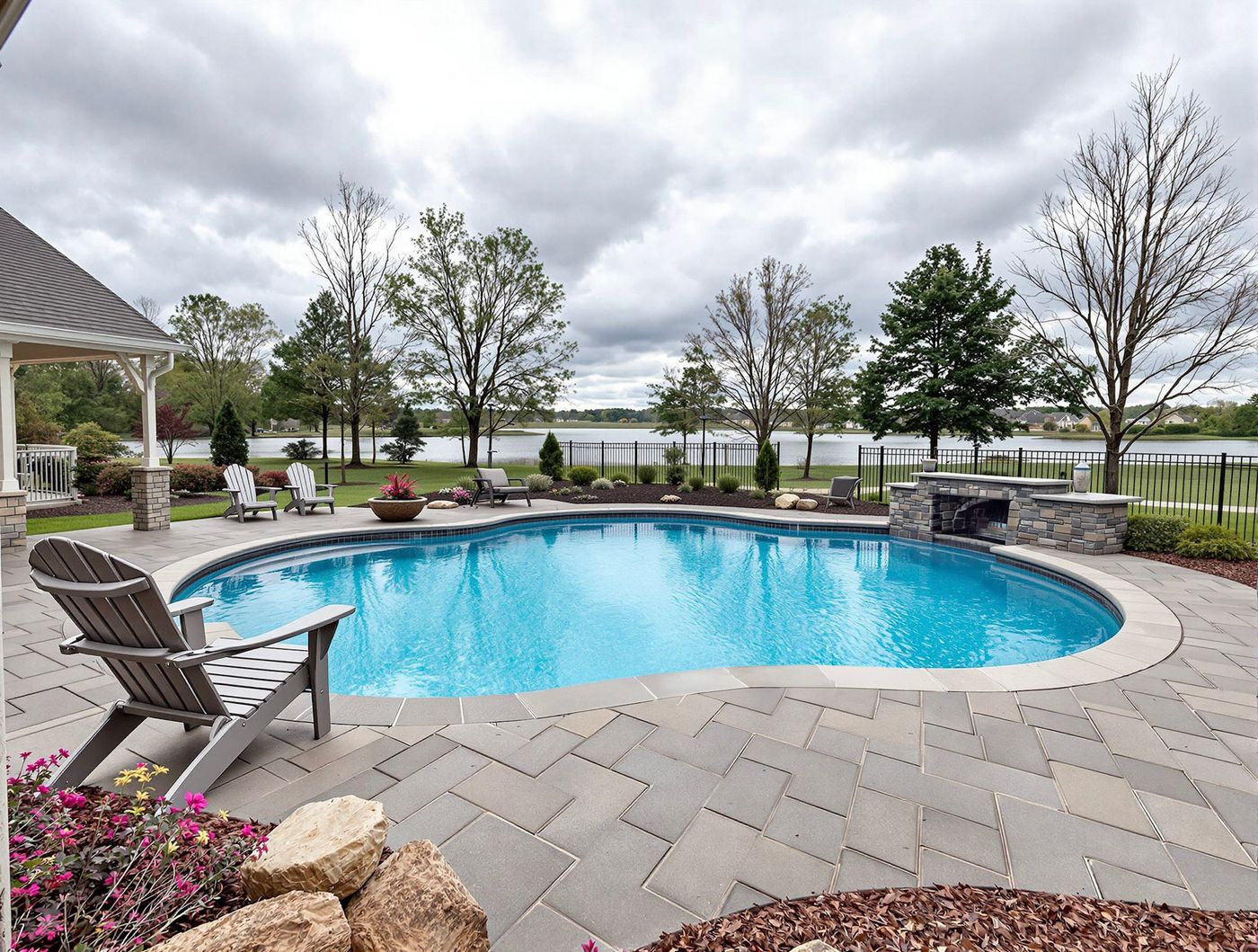 Lakefront Pool with Stone Fireplace