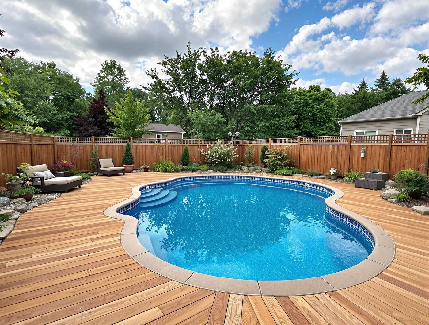 Freeform Pool with Wood Deck Steps