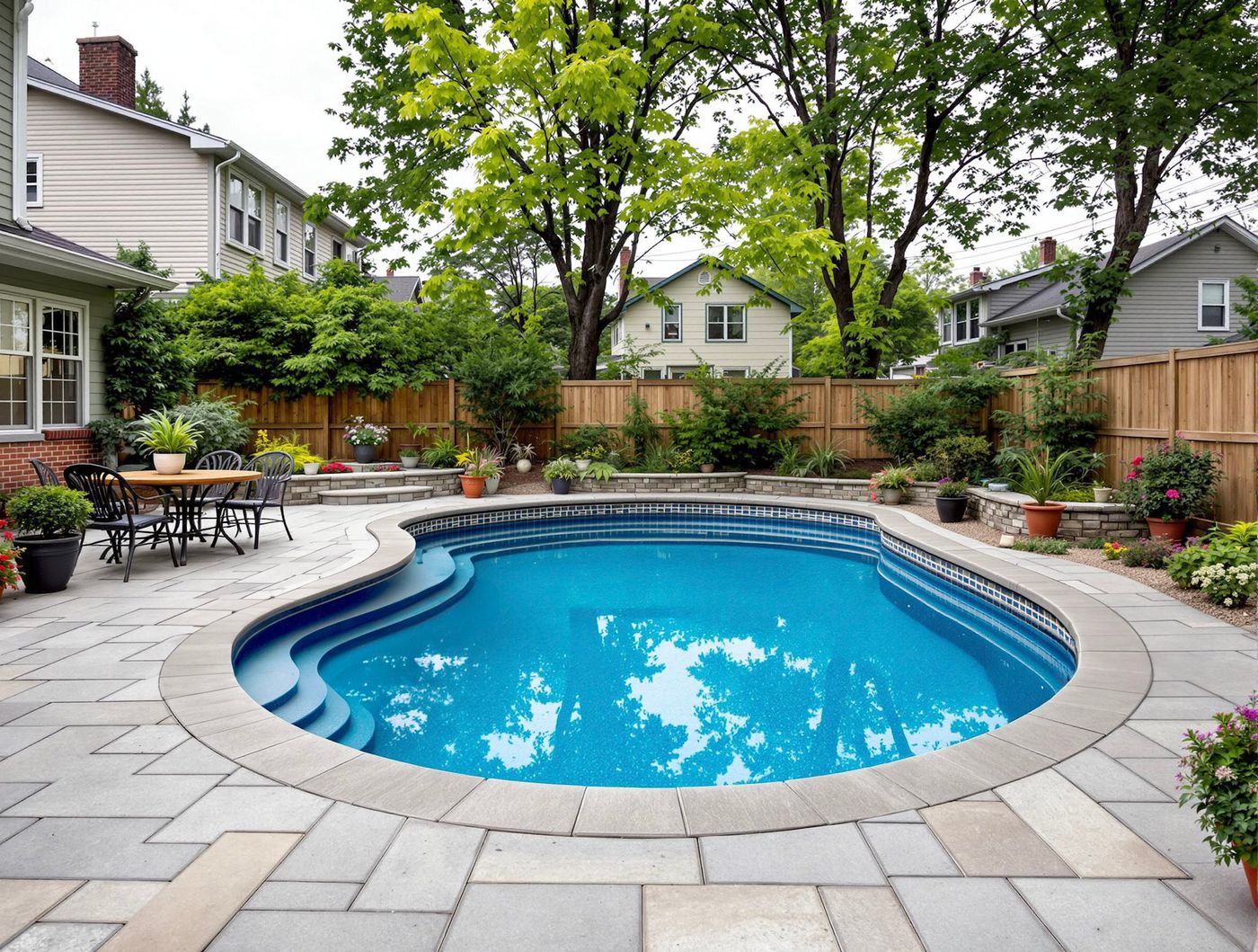 Curved Pool in Suburban Backyard
