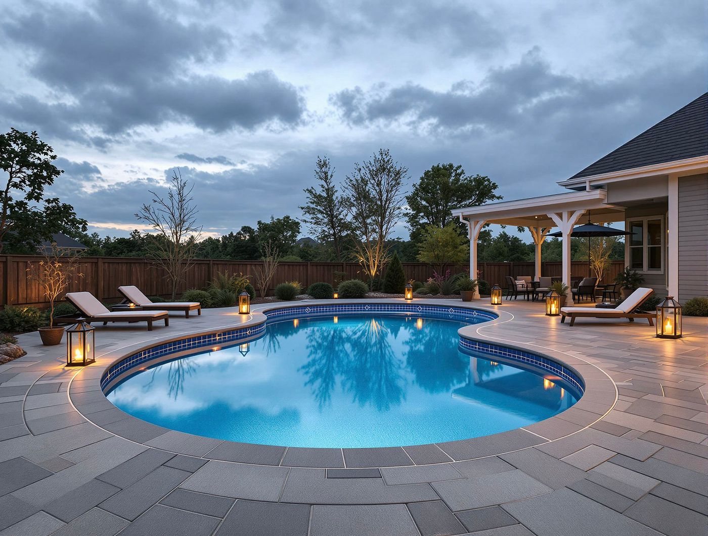 Curved Pool at Dusk with Lanterns