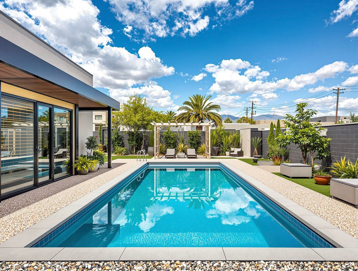 Modern Pool with Palm Tree Pergola