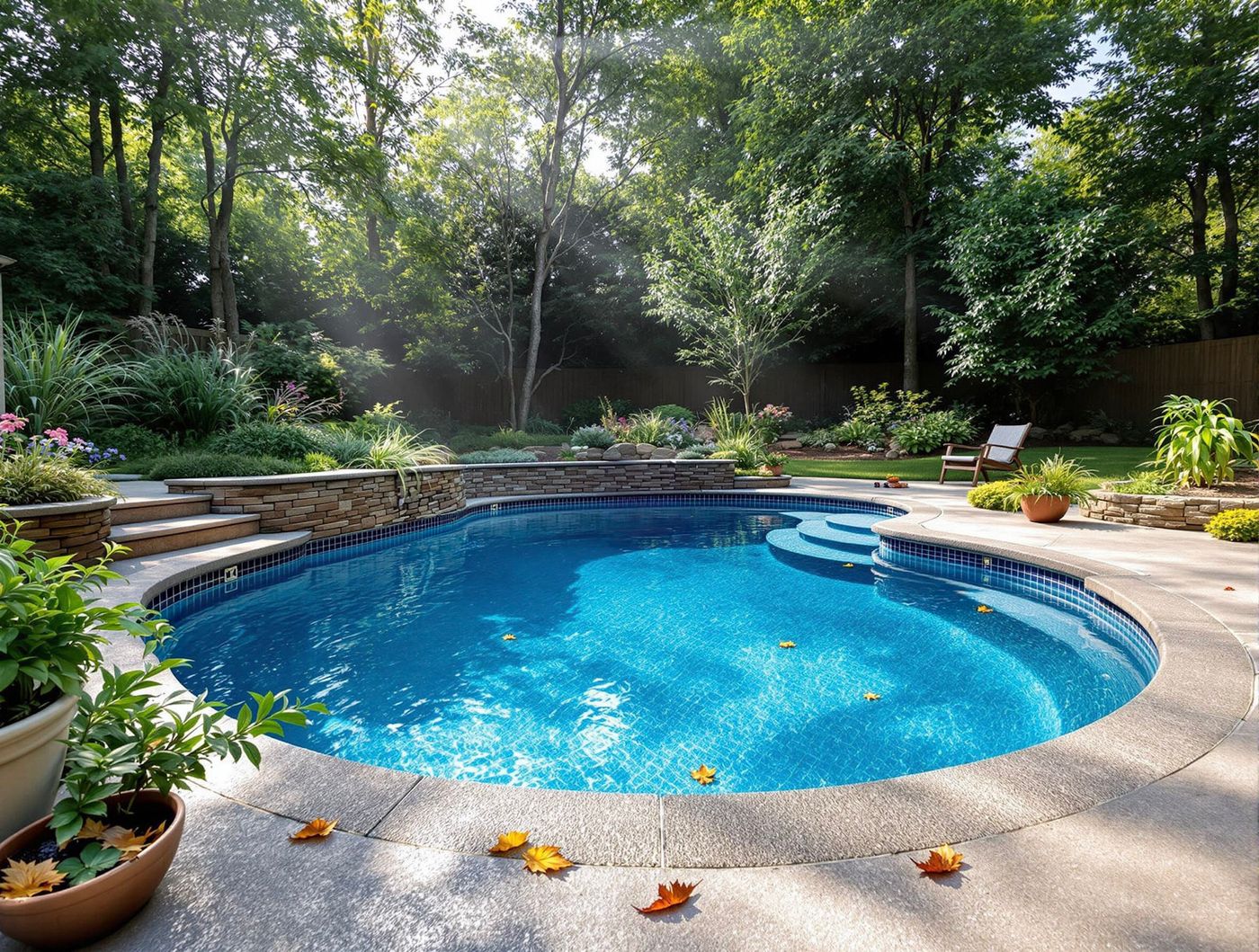 Round Pool with Stacked Stone Wall