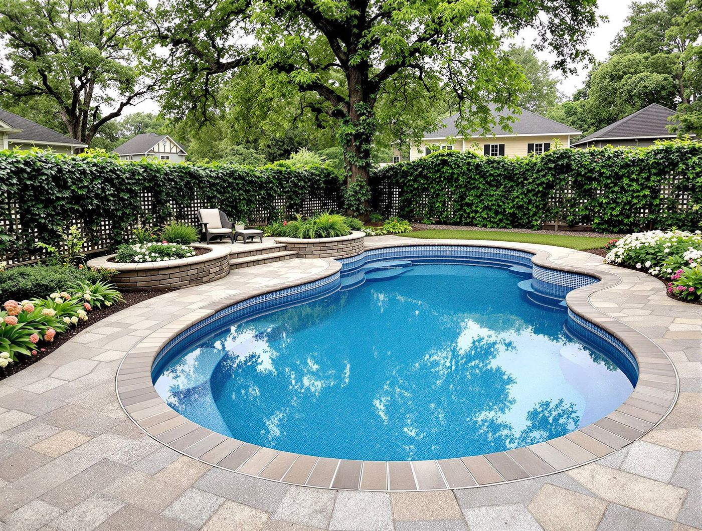Kidney Pool with Ivy-Covered Trellis Fence