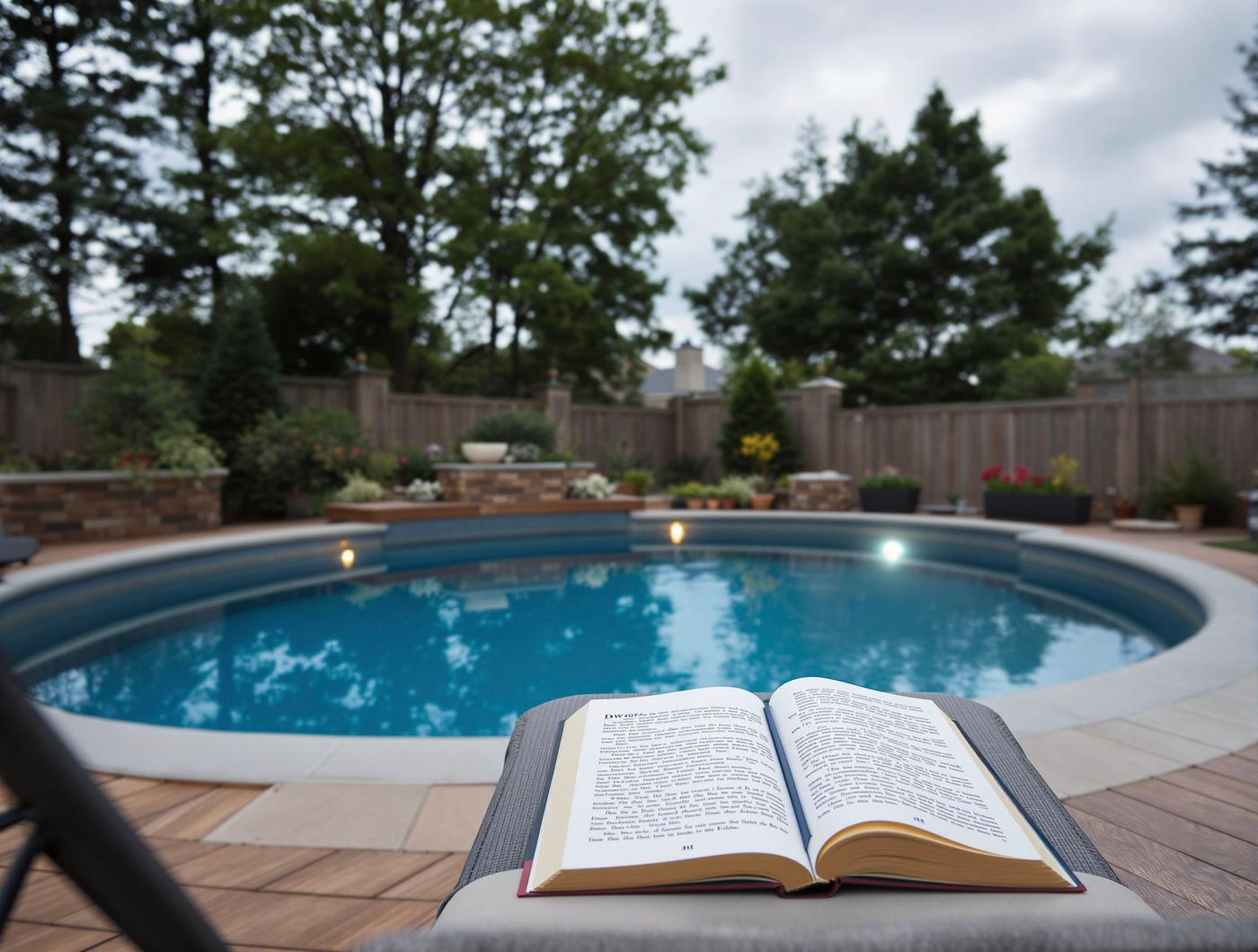 Round Pool Deck at Dusk with Wood Decking