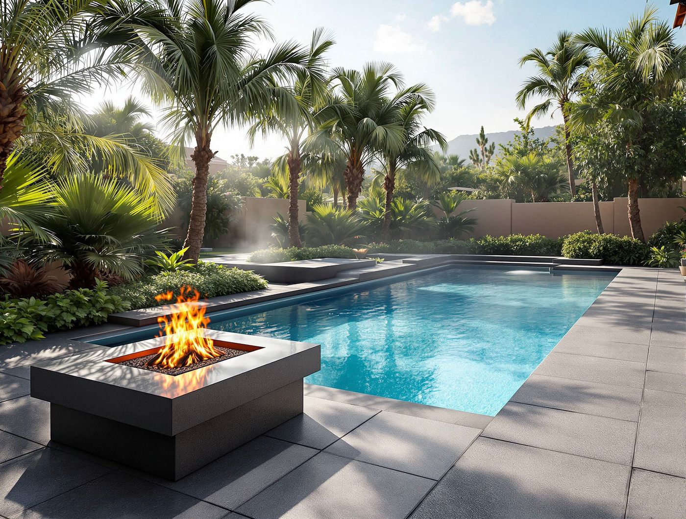 Tropical Pool with Fire Pit and Palms