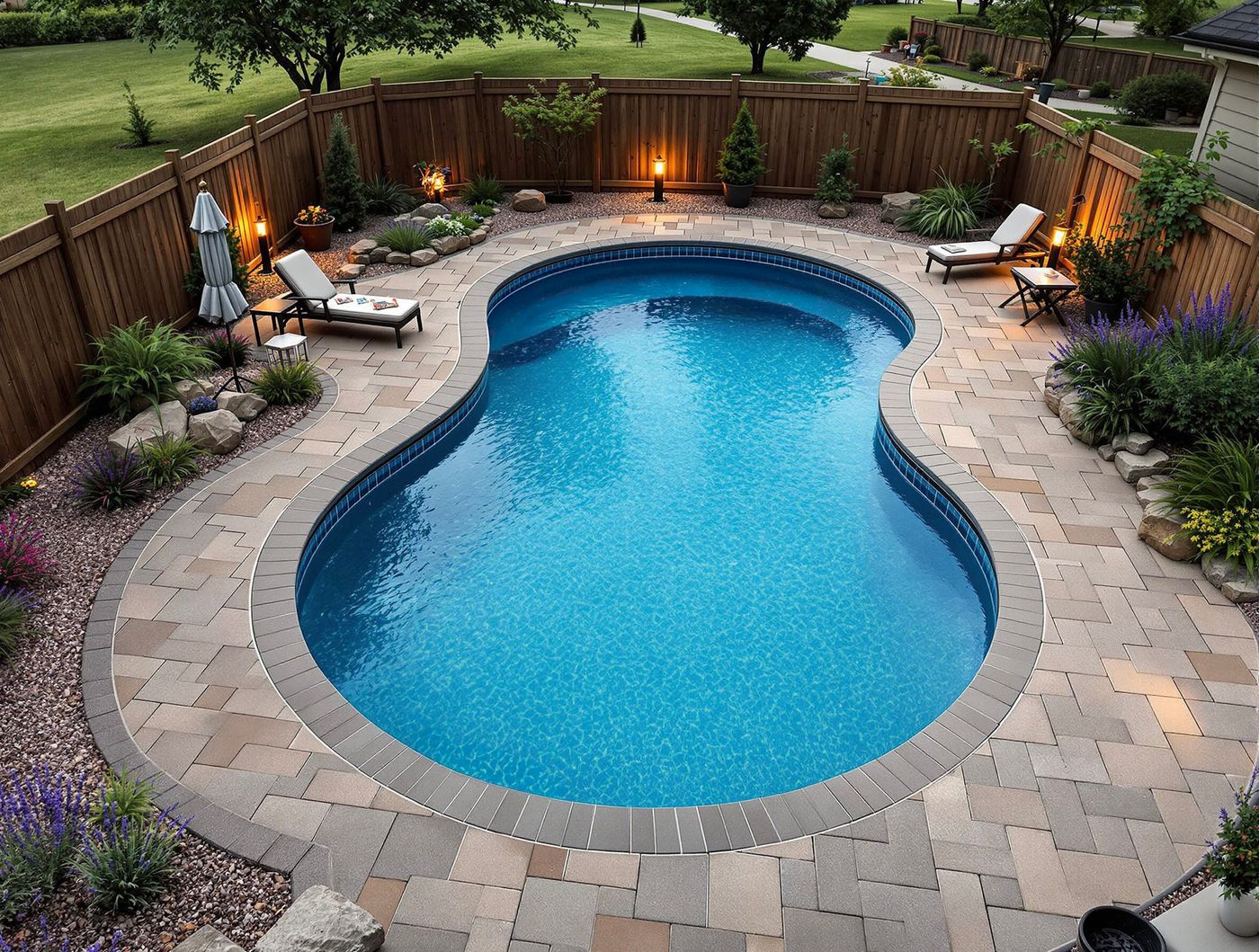 Kidney Pool with Paver Patio at Twilight