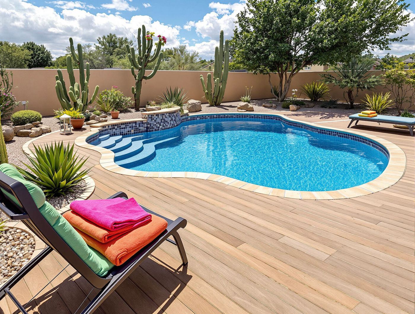 Desert Pool with Wood Deck and Towels
