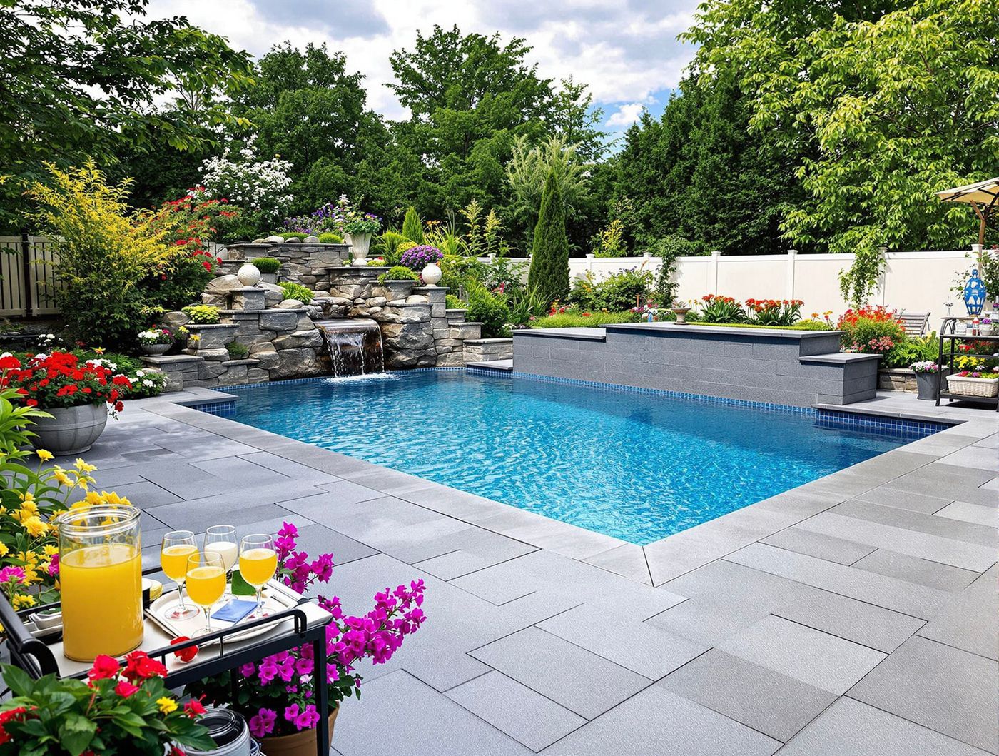 Rectangular Pool with Stone Waterfall Spa