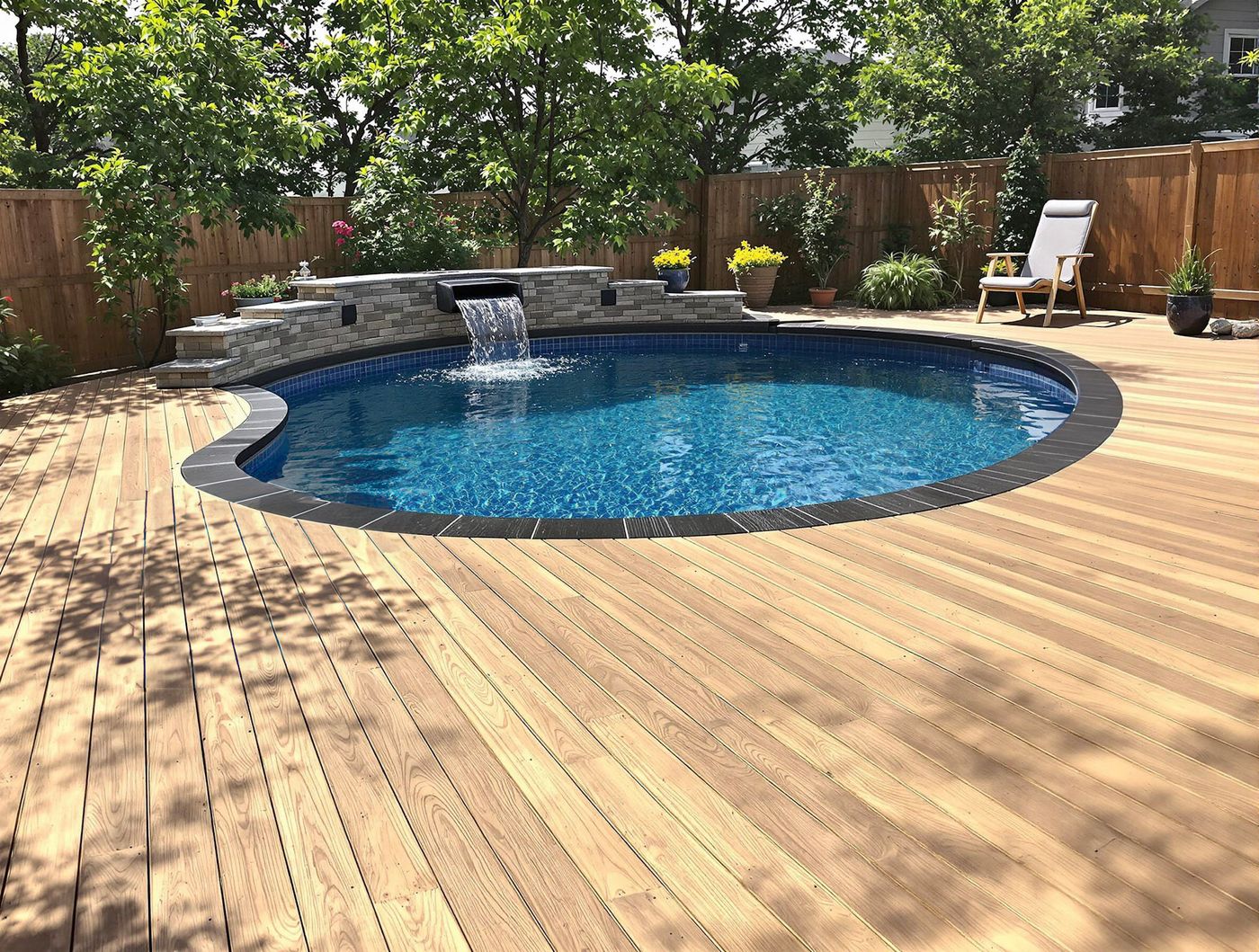Round Deck-Set Pool with Stone Waterfall