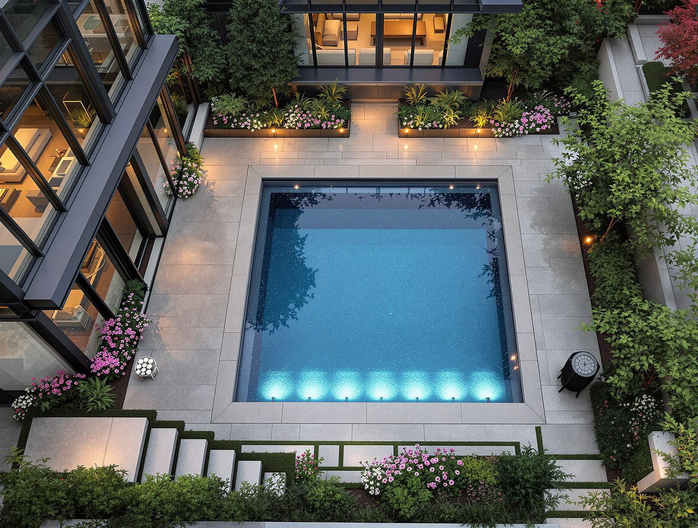 Modern Courtyard Pool with Blue LED Lighting
