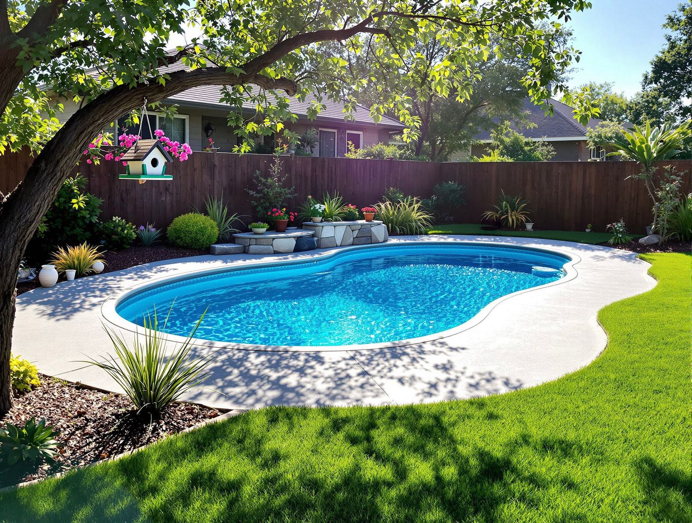 Shaded Free-Form Pool with Hanging Birdhouse