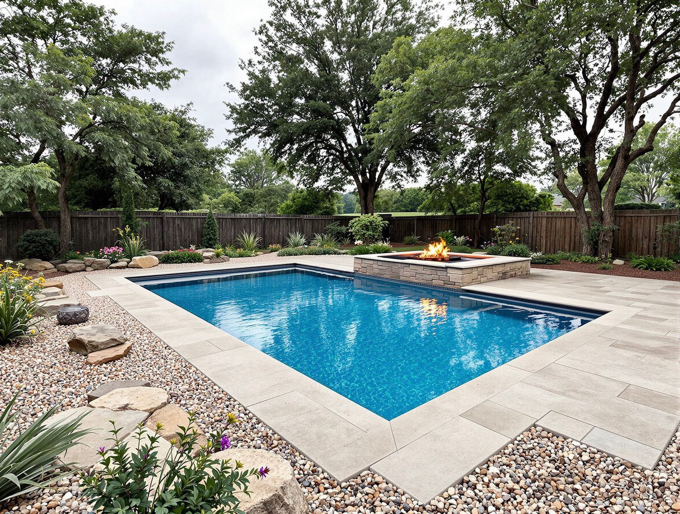 Rectangular Pool with Raised Stone Fire Pit