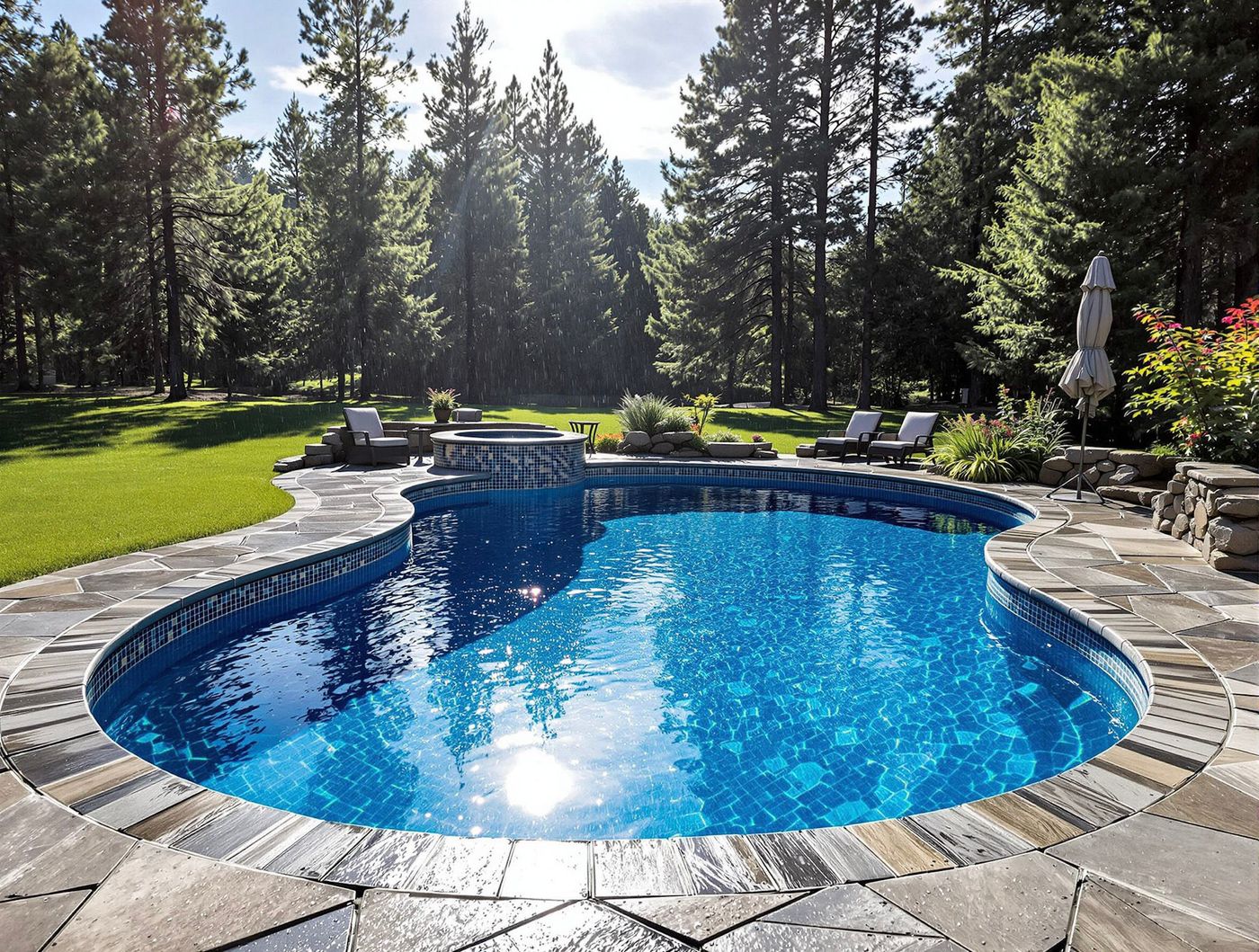 Kidney-Shaped Pool Surrounded by Pine Forest