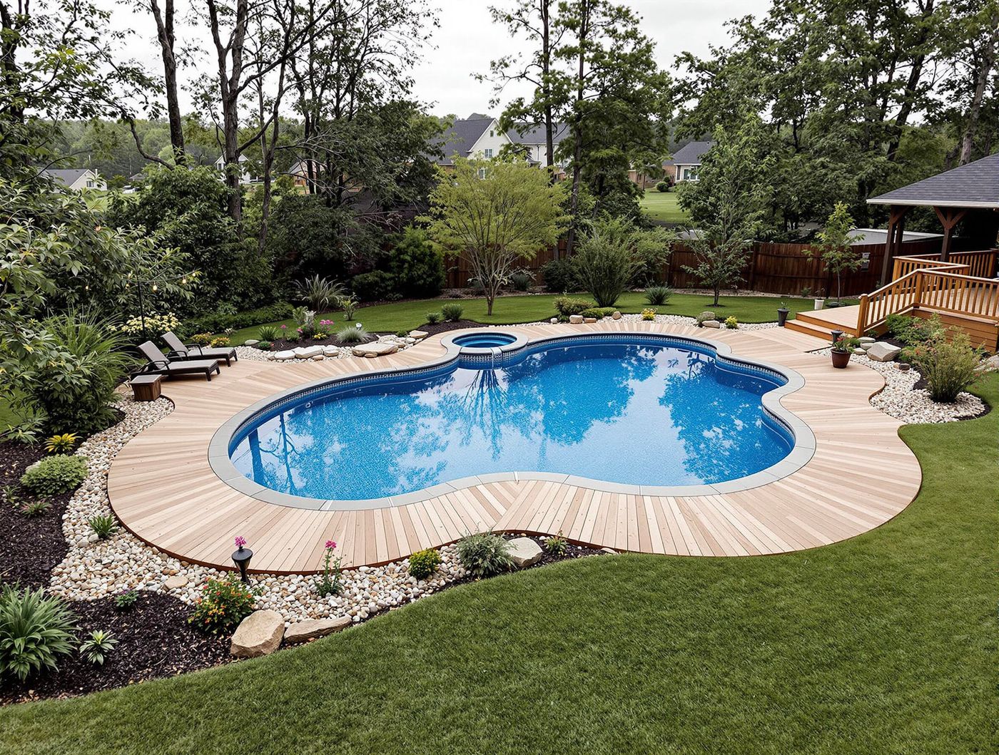 Free-Form Pool with Wood Deck and Round Spa