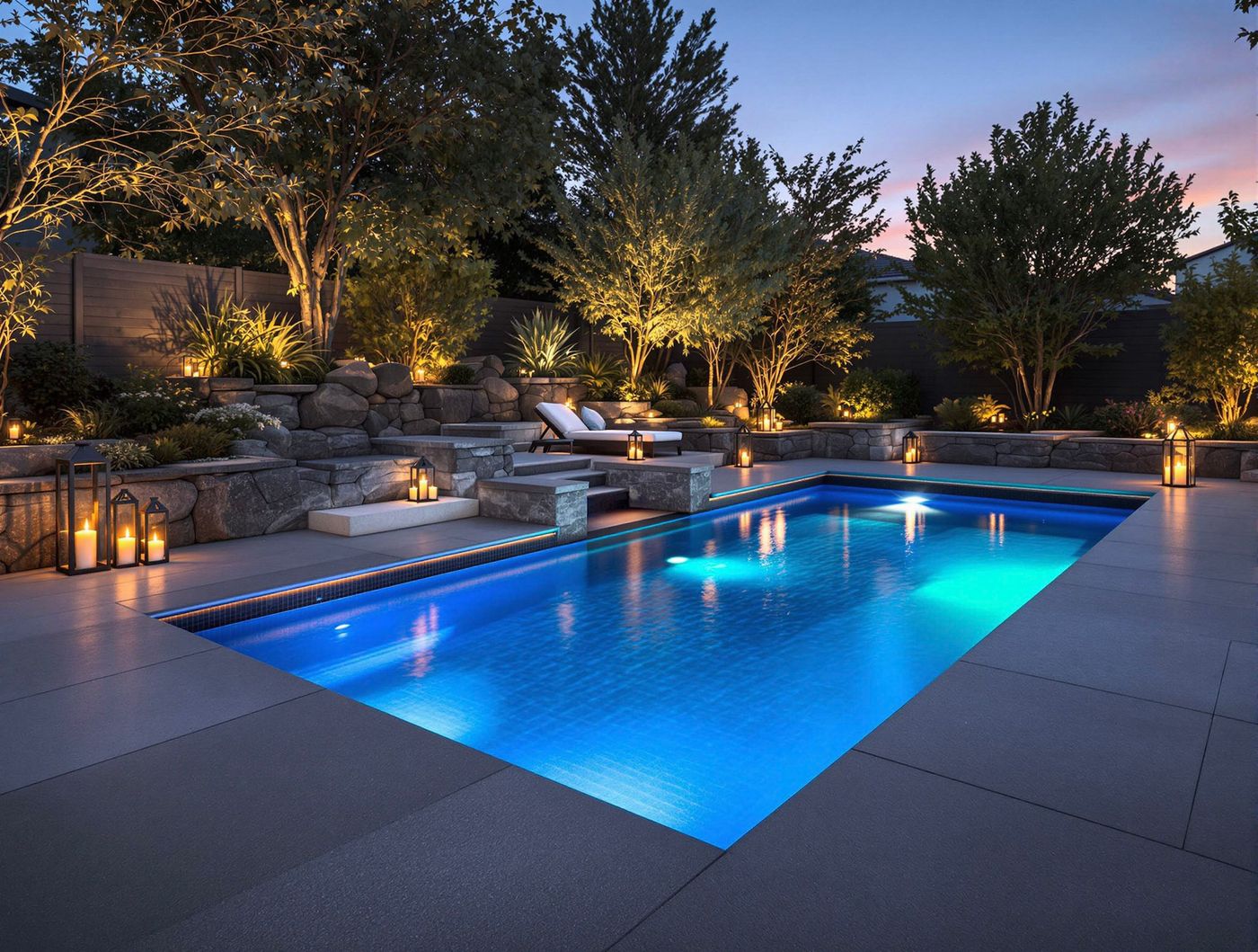 Twilight Pool with Stone Waterfall and Lantern Lighting