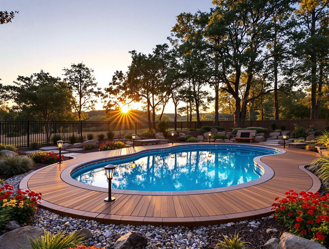 Kidney Pool Deck at Sunrise with Wood Decking