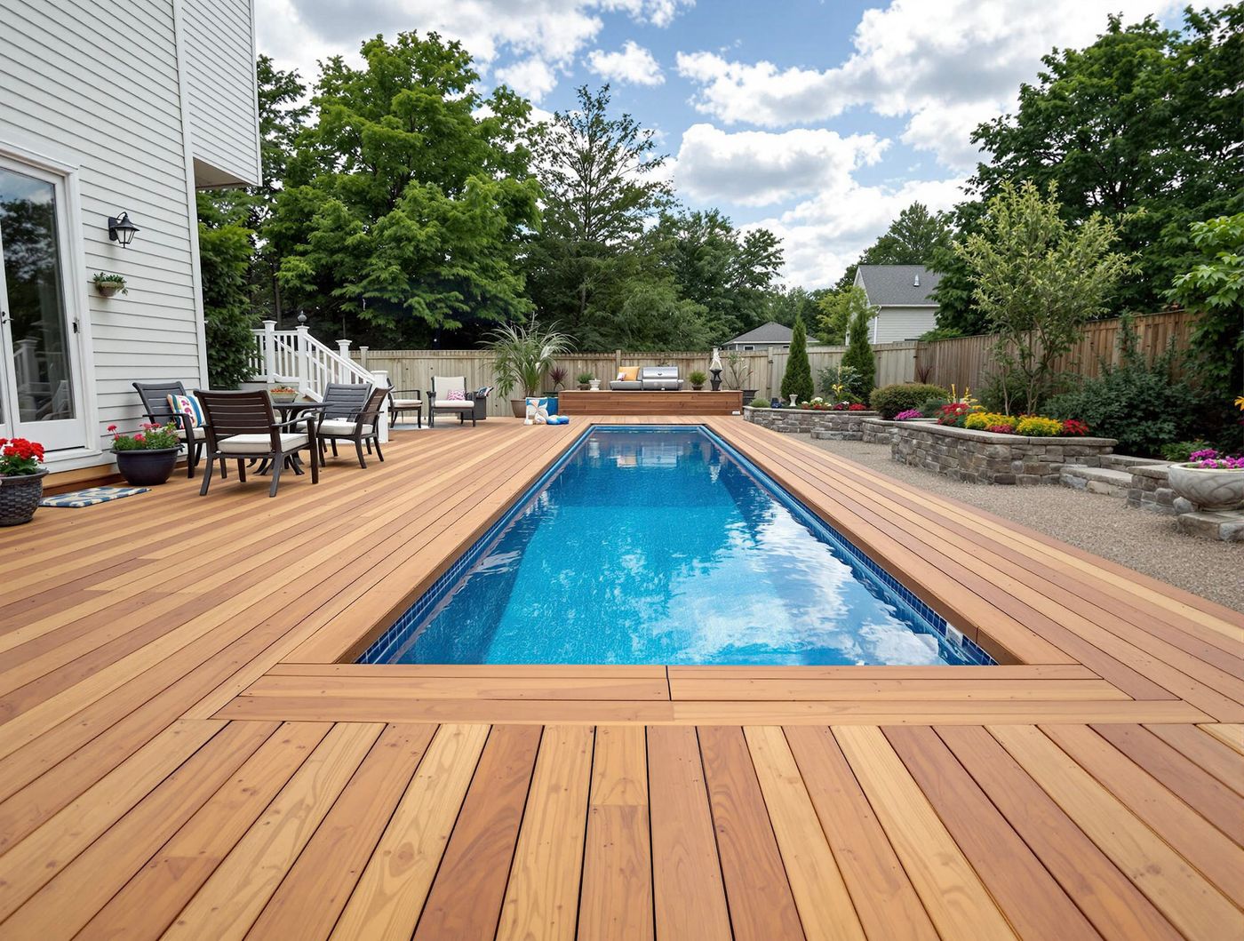 Wood Deck Lap Pool Beside White Farmhouse