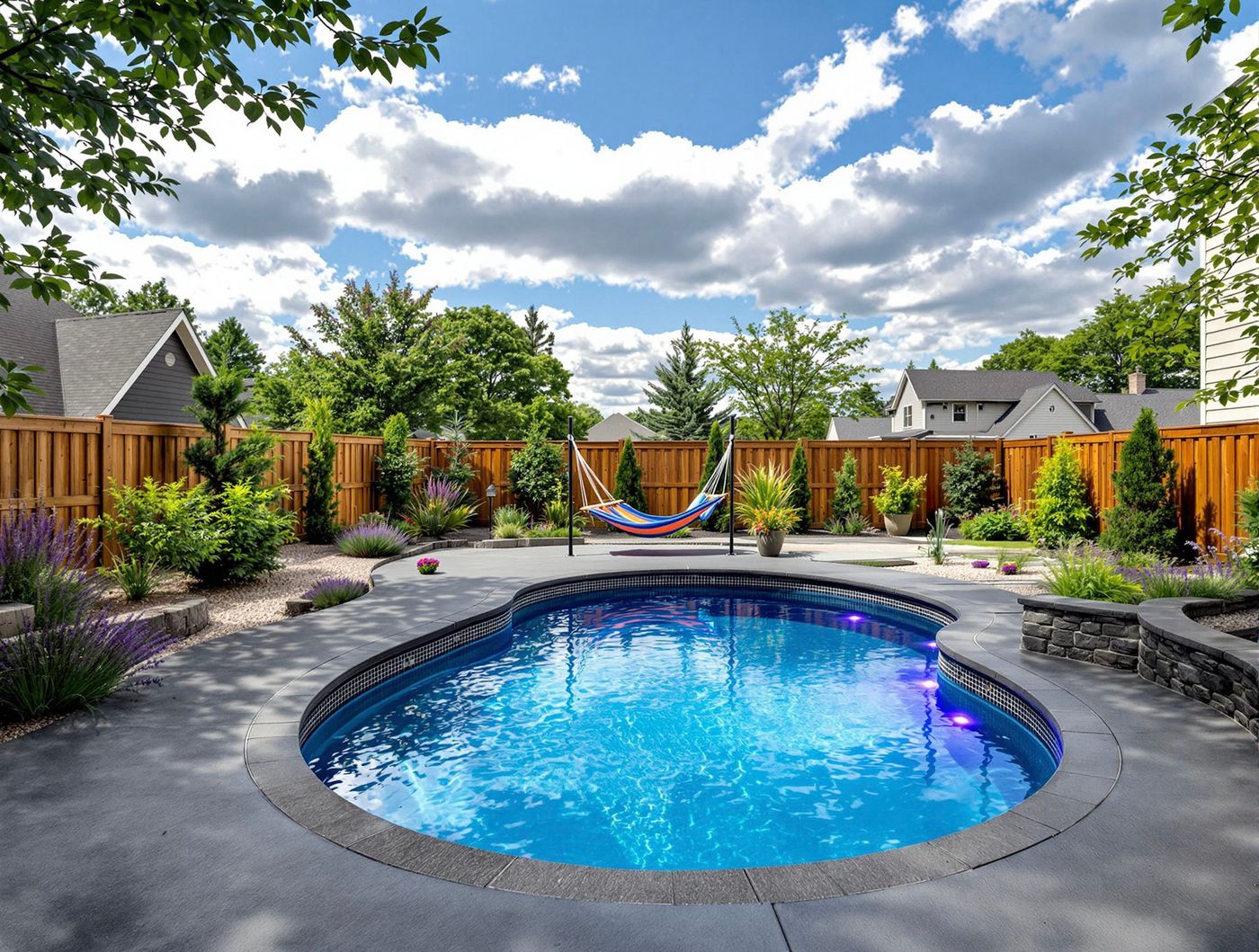 Round Pool with Hammock and Lavender Landscaping