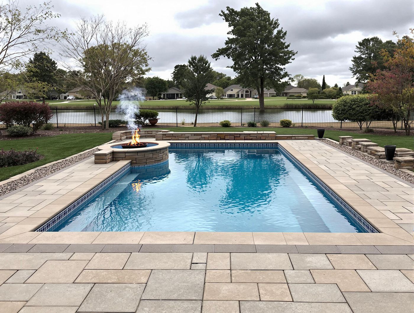 Rectangular Pool with Fire Pit Beside Lakeside Fence